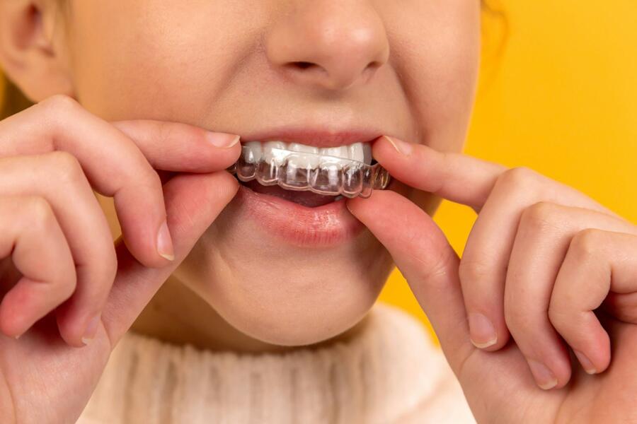 Person holding a clear aligner